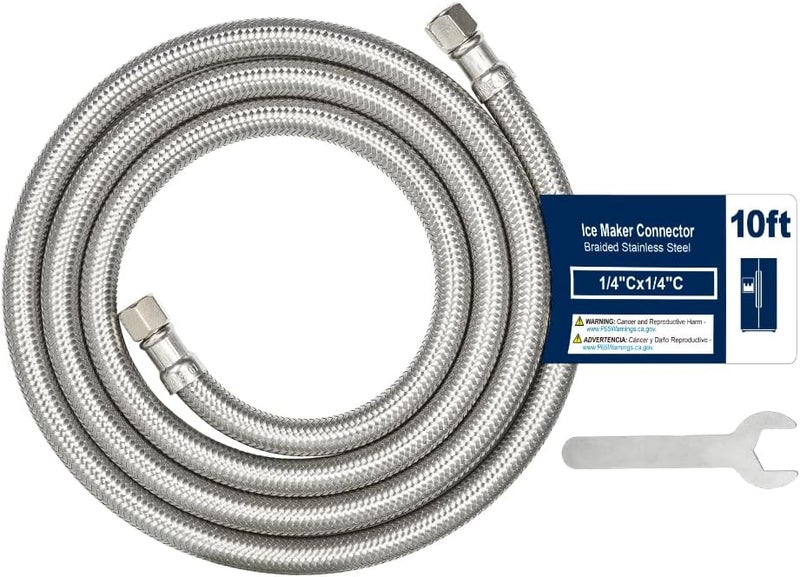 PLUMBINGMASTER 10ft Ice Maker Water Line Stainless Steel Braided – Flexible Refrigerator Water Supply Tube with 1/4" Quick Connect Fitting, Universal Fit - Image 1